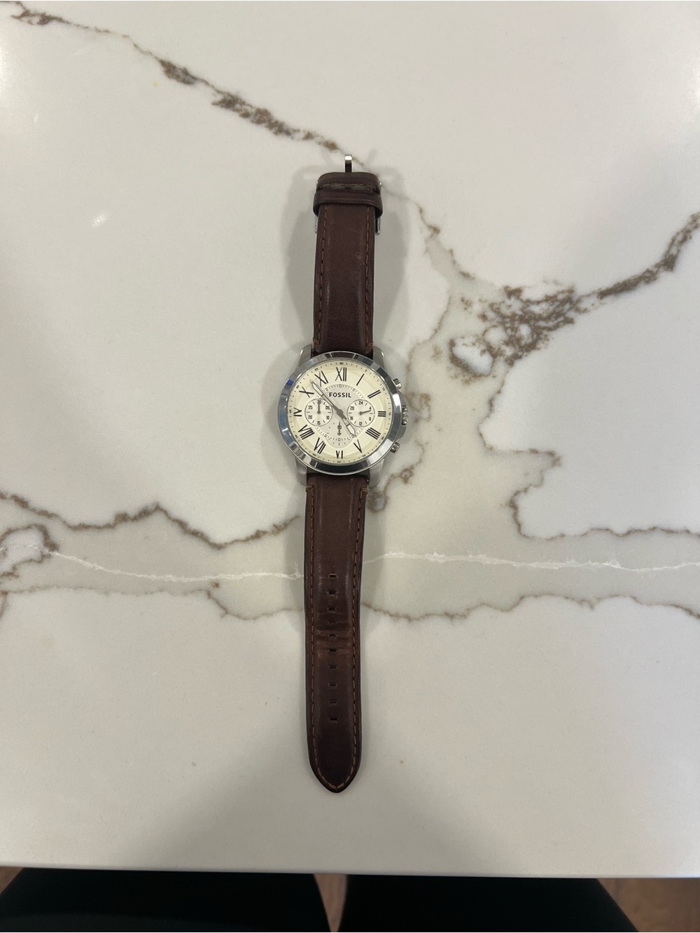 Fossil Men's Silver Case Watch with Brown Leather Strap